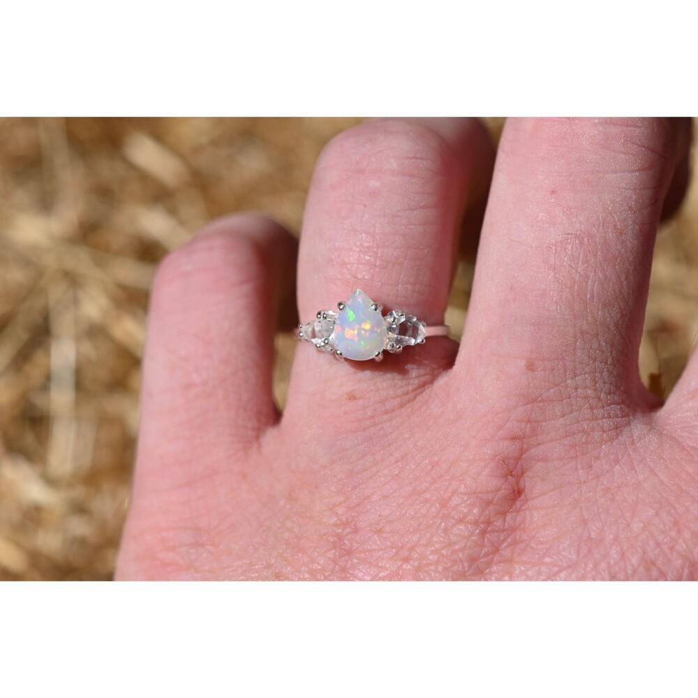 Natural opal and Herkimer Diamond Ring, Raw Stone Ring, Unique Engagement Ring,